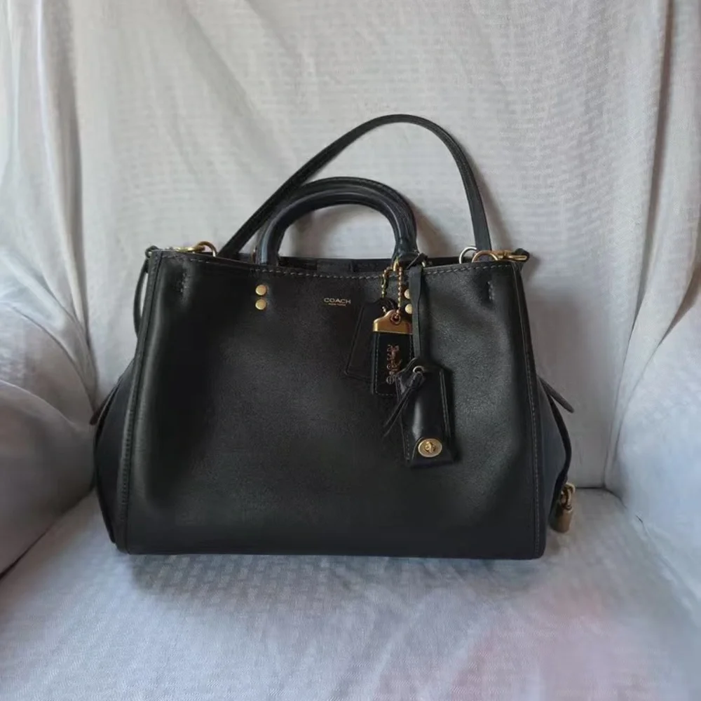 Coach Black Leather Satchel with Gold Hardware and Detachable Strap - Picture 2 of 7